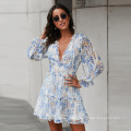 2021 Summer Wholesale Women Ruffle Bohemian Floral Printed Sexy Long Sleeves Elegant Ladies Bohemian A-Line Casual Skirt Dress